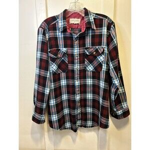 Mens Flannel Red Plaid Button Up Long Sleeve Charleston Bay Size Med